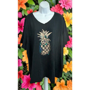 Catherines Black Pineapple V-Neck Tee Sz 3X 26/28W Cotton Top Blouse T-Shirt